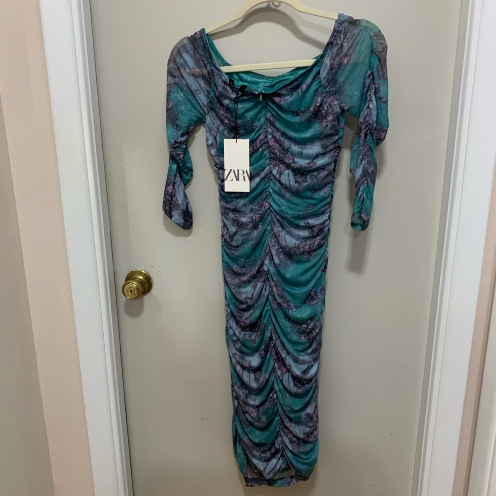 Zara Blue Ruched Bodycon Dress with long Sleeves